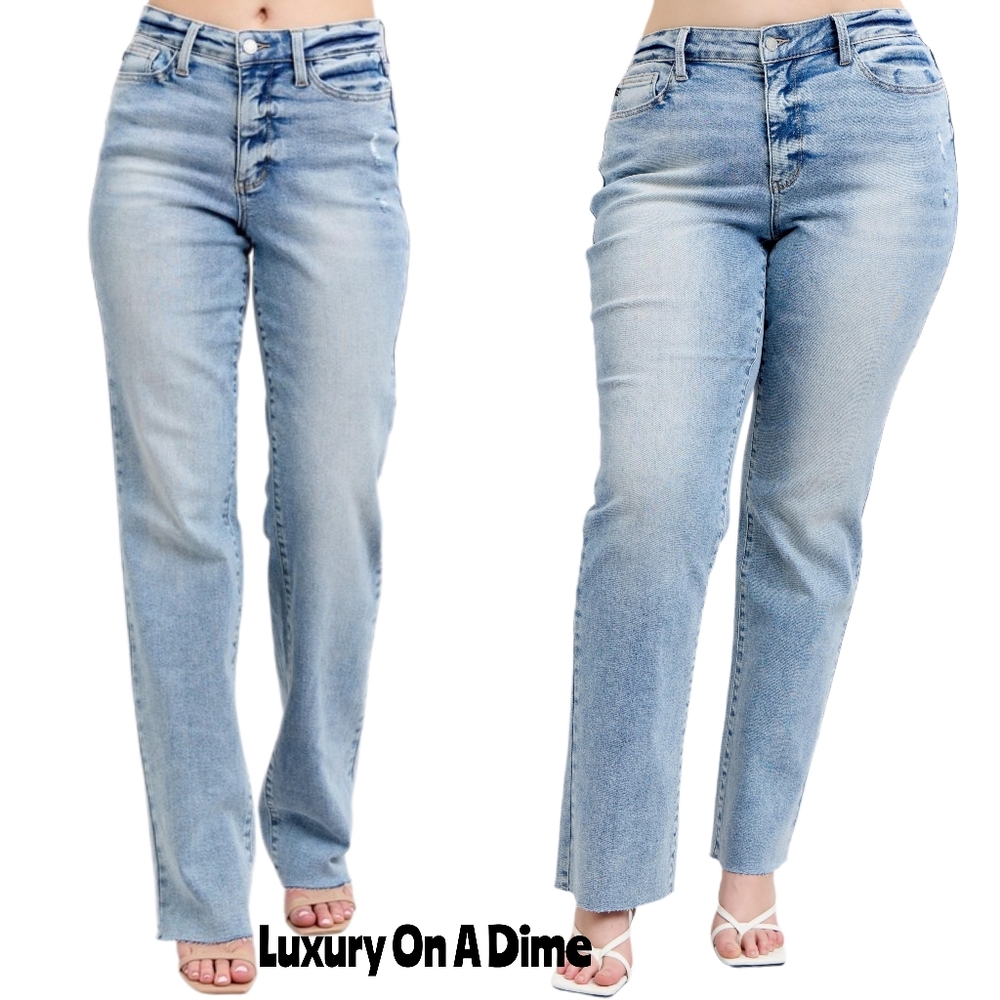 Judy Blue Mid-Rise Relax Dad Straight Leg Distressed Jeans Raw Hem Denim Pants - Picture 15 of 16